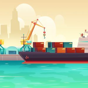 Cargo ship loading in city port. Cranes on dockside, pier unloading shipping containers from freight vessel to shore. Goods transportation, delivery with maritime transport cartoon vector background